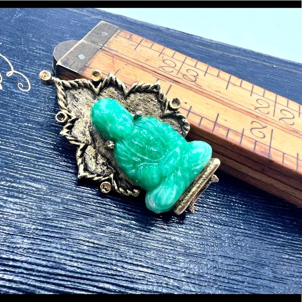 Vintage AMBASSADOR signed Buddha brooch green faux jade